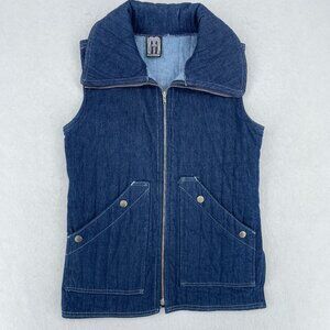 Vintage 70 Mushroom Quilted Denim Vest Dark Wash Talon Zip Oversized Collar XS/S